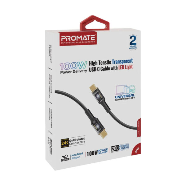 Promate High Tensile Transparent 100W Power Delivery USB-C Cable with LED Light